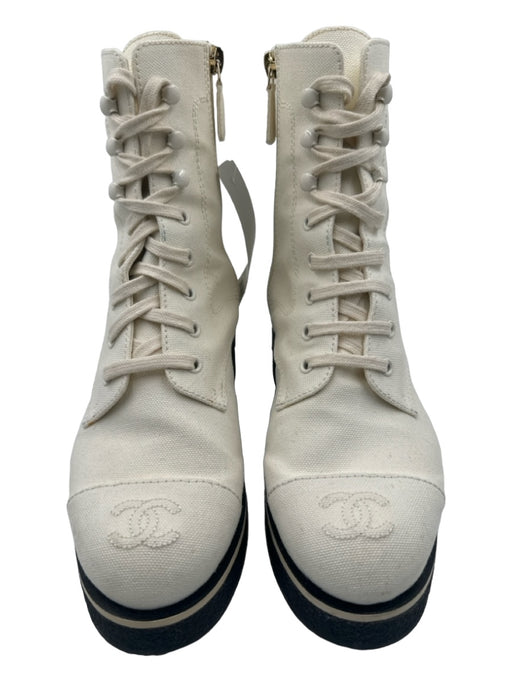 Chanel Shoe Size 37 Cream & Black Canvas Lace Up Calf High Heel Boots Cream & Black / 37