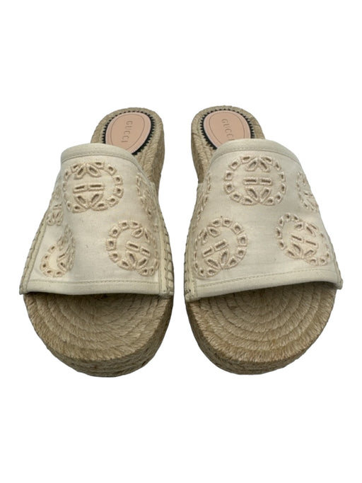 Gucci Shoe Size 36 Beige Canvas Eyelet Monogram Espadrille Mule Sandals Beige / 36