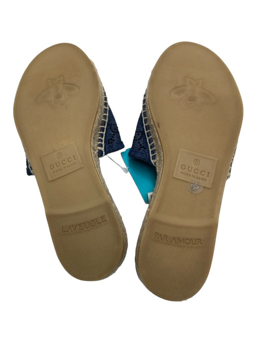 Gucci Shoe Size 35 Blue & Black Cotton Denim Jute Sole Whipstitch Slide Shoes Blue & Black / 35