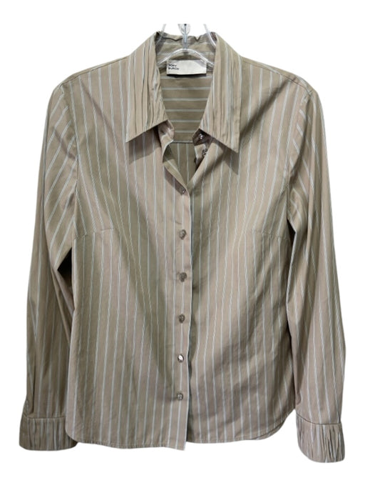 Tory Burch Size 0 Beige & Green Cotton Pin Stripe Pleat Detail Button Down Top Beige & Green / 0