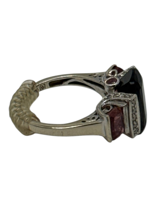 Black, Pink, Silver 14k White Gold Pave Diamonds Onyx Filigree Ring Black, Pink, Silver