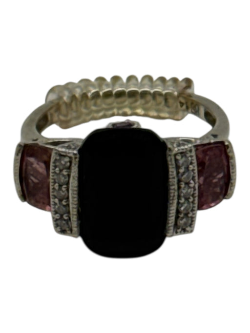 Black, Pink, Silver 14k White Gold Pave Diamonds Onyx Filigree Ring Black, Pink, Silver