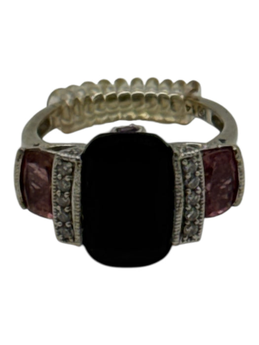 Black, Pink, Silver 14k White Gold Pave Diamonds Onyx Filigree Ring Black, Pink, Silver