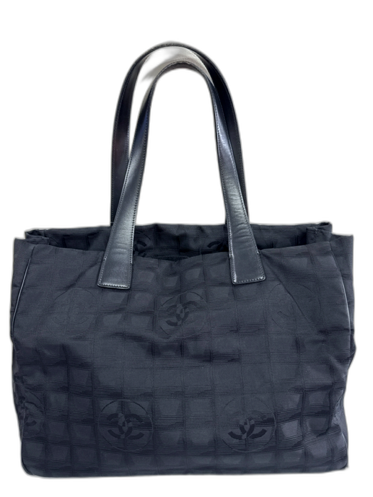 Chanel Black Nylon Leather Tonal Print wallet strap Tote Bag Black / Medium