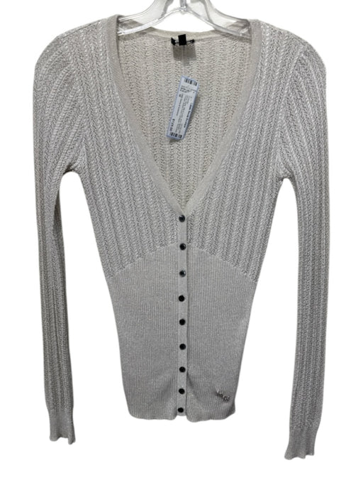 D&G Dolce & Gabbana Size M Silver White Silk & Lurex Knit Button Front Sweater Silver White / M