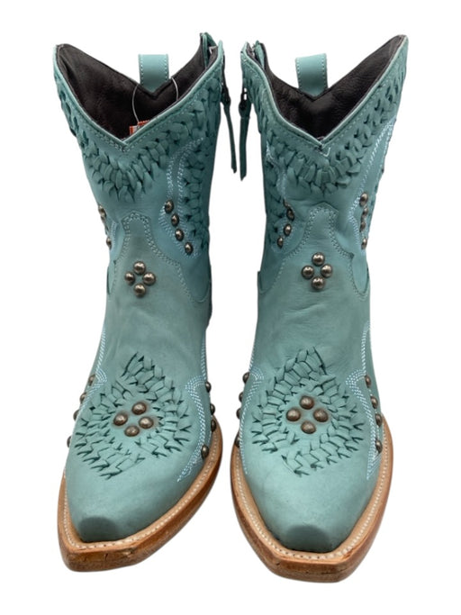 LANE Shoe Size 6 Blue Green Leather Studs Cowboy Side Zip Sqaure Toe Boots Blue Green / 6