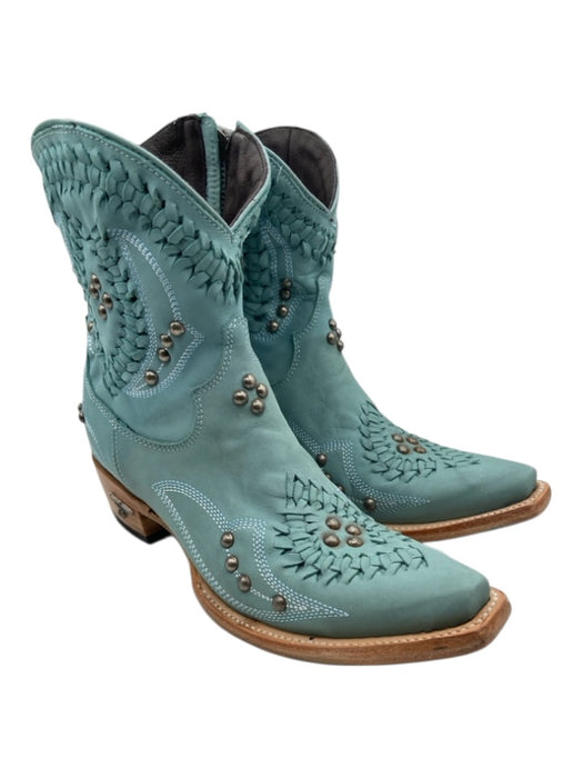 LANE Shoe Size 6 Blue Green Leather Studs Cowboy Side Zip Sqaure Toe Boots Blue Green / 6