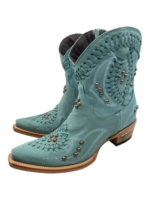 LANE Shoe Size 6 Blue Green Leather Studs Cowboy Side Zip Sqaure Toe Boots Blue Green / 6