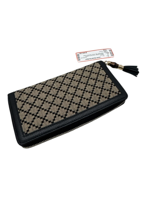 Gucci Black & Beige Canvas & Leather Diamante Zip Close Bamboo Detail Wallet Black & Beige