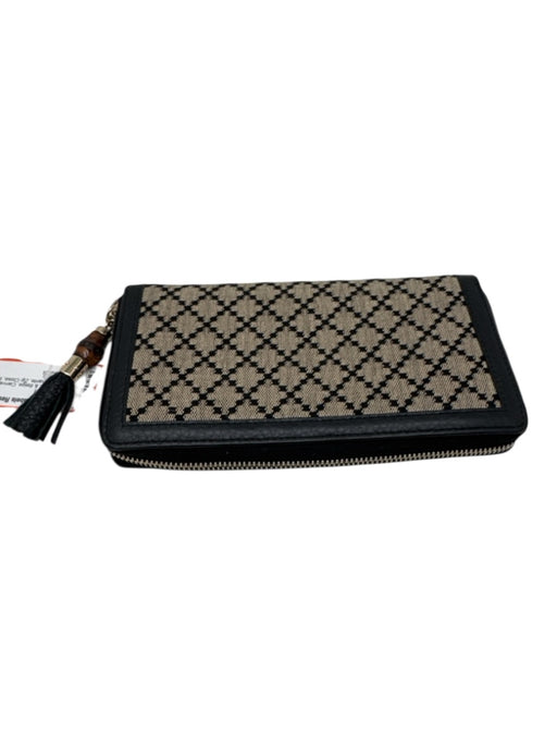 Gucci Black & Beige Canvas & Leather Diamante Zip Close Bamboo Detail Wallet Black & Beige