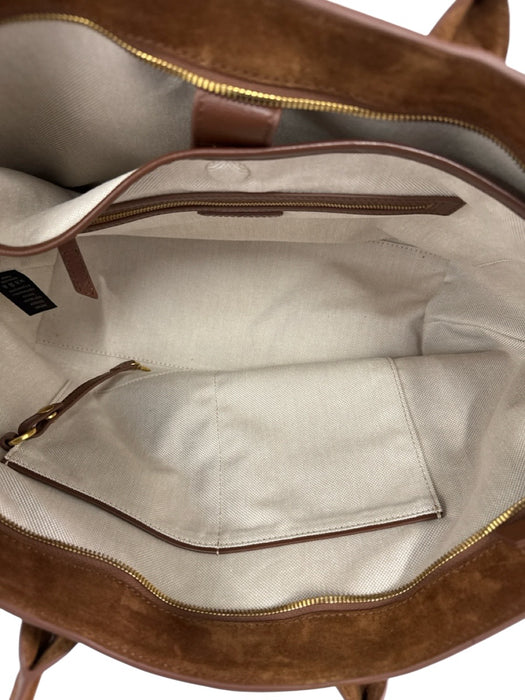 Quince Brown Leather Suede Top Handle Zip Close Front Pockets Tote Bag Brown / Large