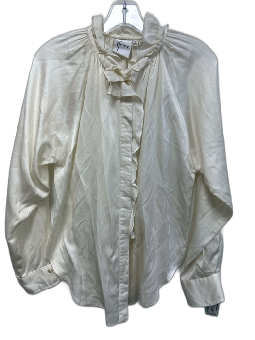 Finley Size S White Cotton & Silk Satin Long Sleeve Ruffle Neck Button Down Top White / S