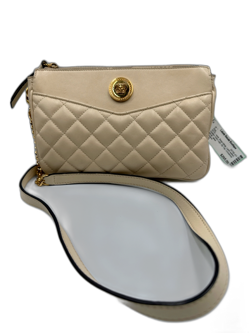 Versace Beige White Lamb leather Quilted Gold Logo Zip Top Crossbody Strap Bag Beige White / XS