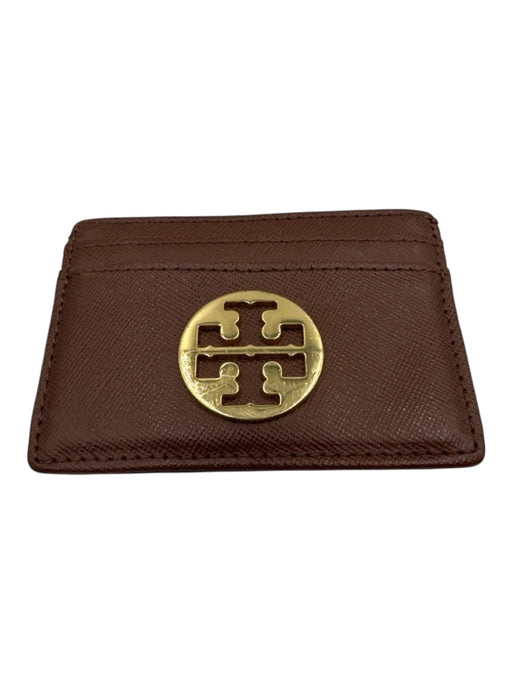 Tory Burch Brown Saffiano Leather Gold Tone Hardware Logo Slim Wallets Brown