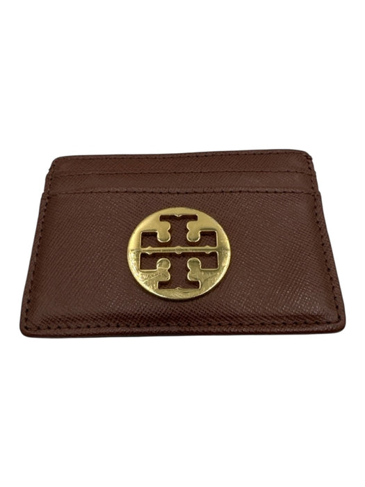 Tory Burch Brown Saffiano Leather Gold Tone Hardware Logo Slim Wallets Brown