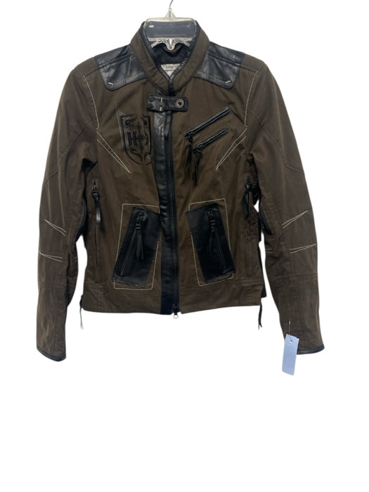 Harley Davidson Size XS Taupe Brown & Black Cotton Blend Zip Front Moto Jacket Taupe Brown & Black / XS