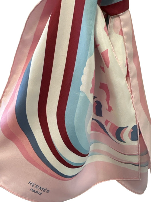 Hermes Pink, Blue, Burgundy Silk Rolled Hem Abstract Print scarf Pink, Blue, Burgundy