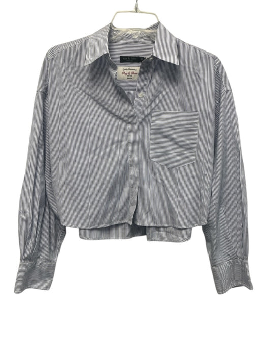 Rag & Bone Size XS White & Blue Cotton Striped Long Sleeve Button Up Crop Top White & Blue / XS