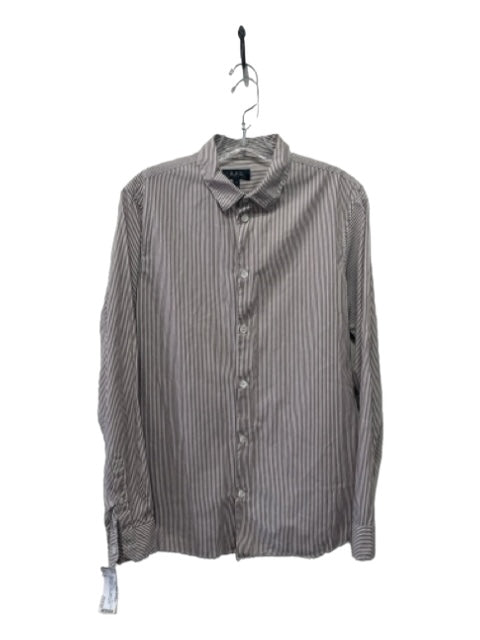 APC Size M White & Bronze Cotton Stripes Button Up Men's Long Sleeve Shirt M