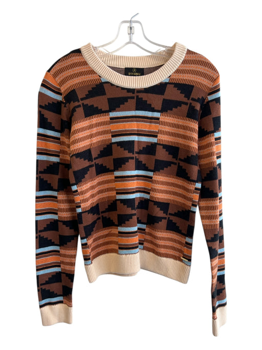 D'iyanu Size S Brown Orange & Blue Cotton & Acrylic Round Neck Geometric Sweater Brown Orange & Blue / S