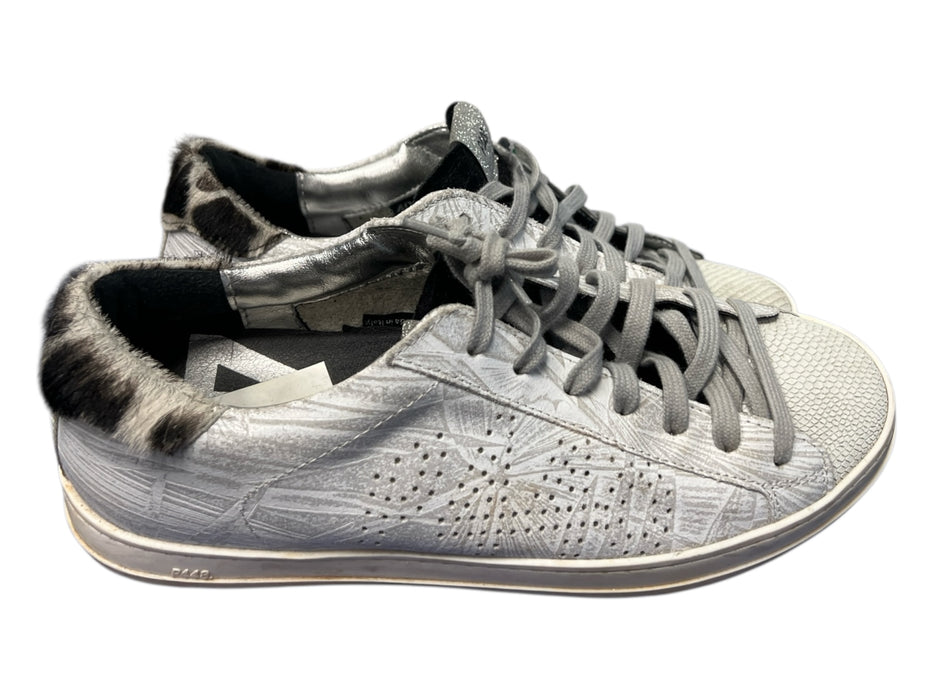 P448 Shoe Size 40 White & Gray Leather Low Top lace up Faux Fur Detail Sneakers White & Gray / 40