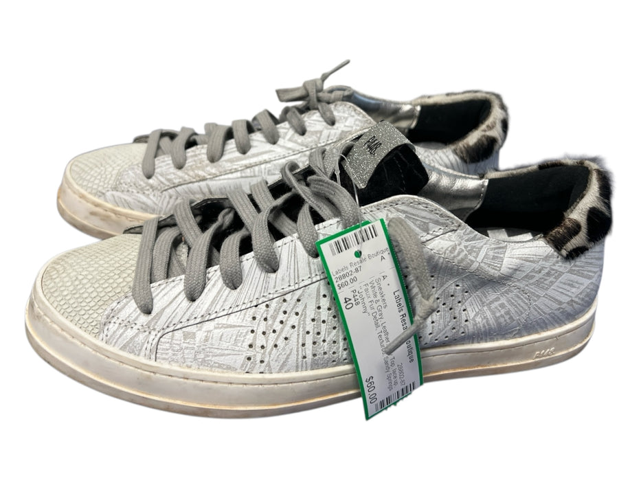 P448 Shoe Size 40 White & Gray Leather Low Top lace up Faux Fur Detail Sneakers White & Gray / 40