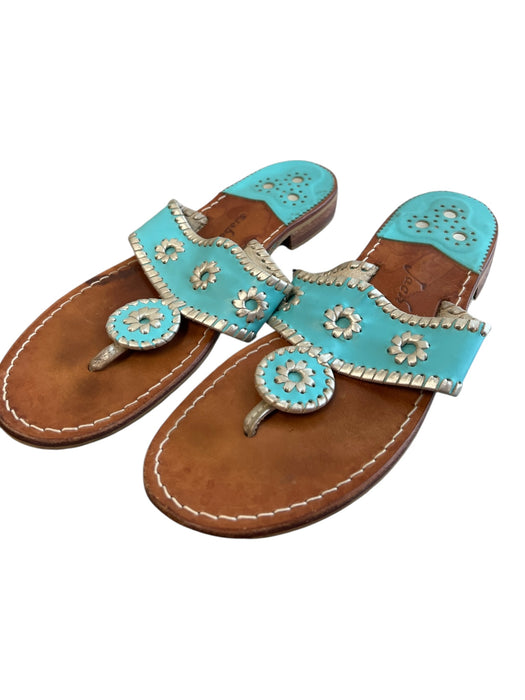 Jack Rogers Shoe Size Est 10 Teal Wood Sandal Open Toe Flat Flower Detail Shoes Teal / Est 10
