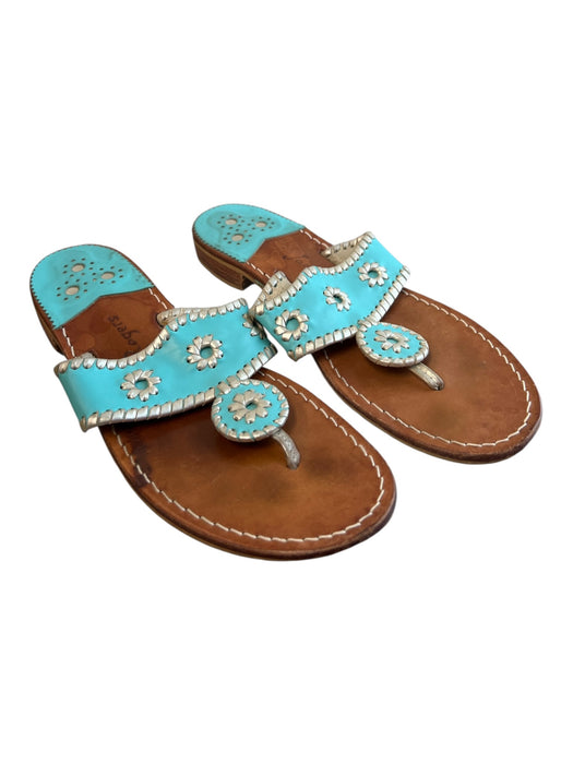 Jack Rogers Shoe Size Est 10 Teal Wood Sandal Open Toe Flat Flower Detail Shoes Teal / Est 10