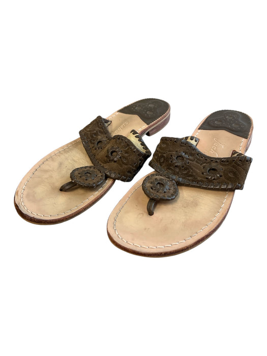 Jack Rogers Shoe Size Est 10 Brown Wood Sandal Open Toe Flat Flower Detail Shoes Brown / Est 10