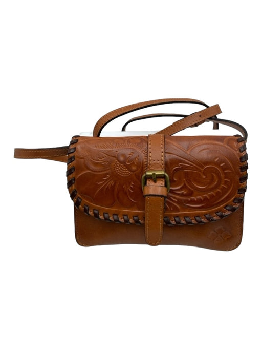 Patricia Nash Brown Leather Snap Closure Floral Embossed Whipstich Detail Bag Brown / Small