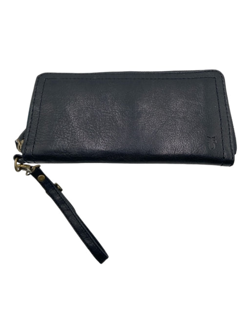 Frye Black Leather Brass Hardware Zip Close Wallets Black