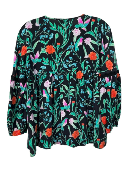 Kate Spade Size Est S/M Black & Multi Silk Crochet Lace Birds & Floral Top Black & Multi / Est S/M