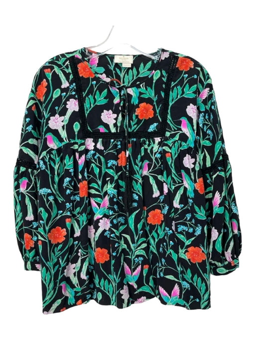 Kate Spade Size Est S/M Black & Multi Silk Crochet Lace Birds & Floral Top Black & Multi / Est S/M
