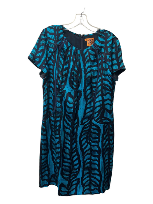 Tory Burch Size 10 Blue & Turquoise Silk Short Sleeve Zip Back Round Neck Dress Blue & Turquoise / 10