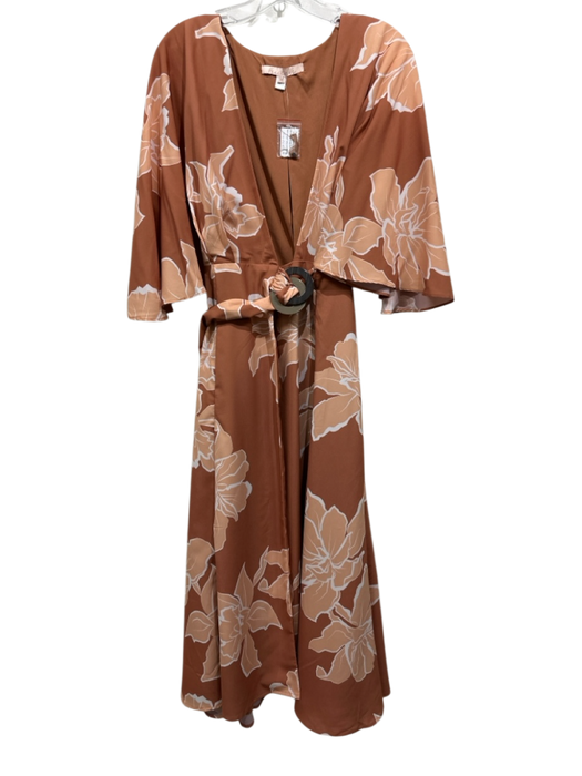 Hutch Size M Beige & Tan Polyester Floral 1/2 Cap Sleeve V Neck Wrap Dress Beige & Tan / M