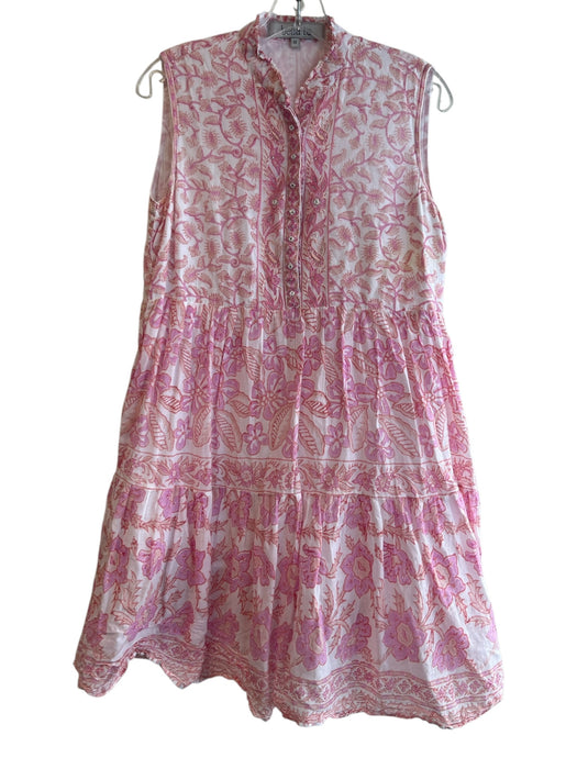 Bella Tu Size M Pink Cotton Half Button Sleeveless Floral Print Tea Length Dress Pink / M