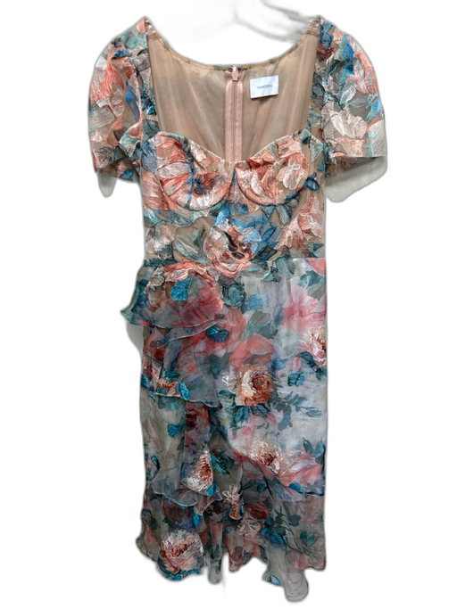 Marchesa Size 12 Turquoise, Pink & Multi Silk Short Sleeve Below knee Dress Turquoise, Pink & Multi / 12