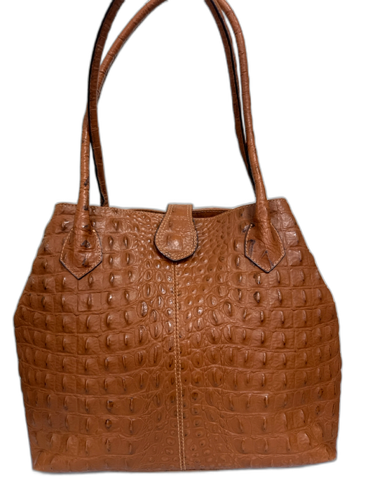 Courage B Cognac Brown Leather Croc Embossed Gold Hardware Interior Pouch Bag Cognac Brown / Medium