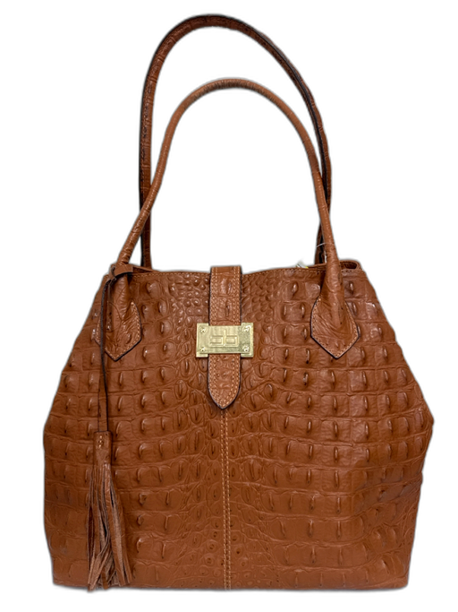 Courage B Cognac Brown Leather Croc Embossed Gold Hardware Interior Pouch Bag Cognac Brown / Medium