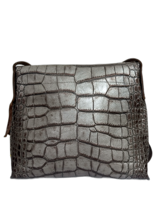 B.May Gray & Brown Leather Croc Embossed flap over Tassel Detail Crossbody Bag Gray & Brown / Medium