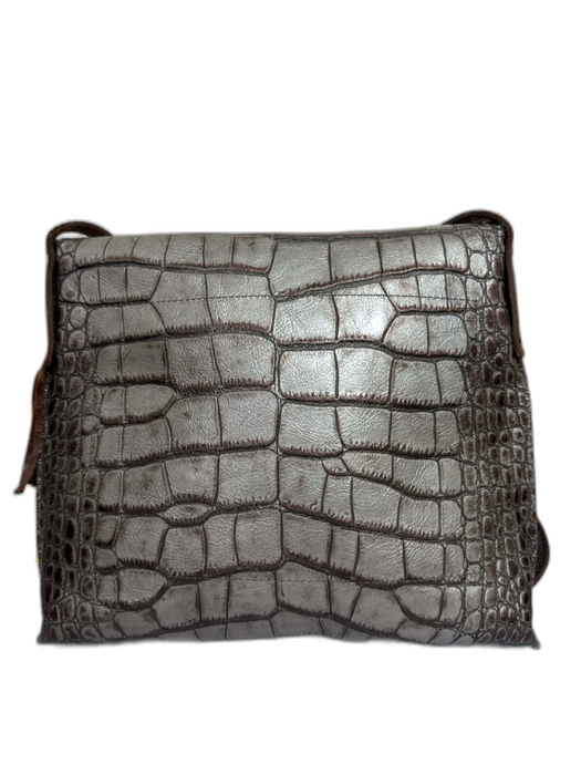 B.May Gray & Brown Leather Croc Embossed flap over Tassel Detail Crossbody Bag Gray & Brown / Medium