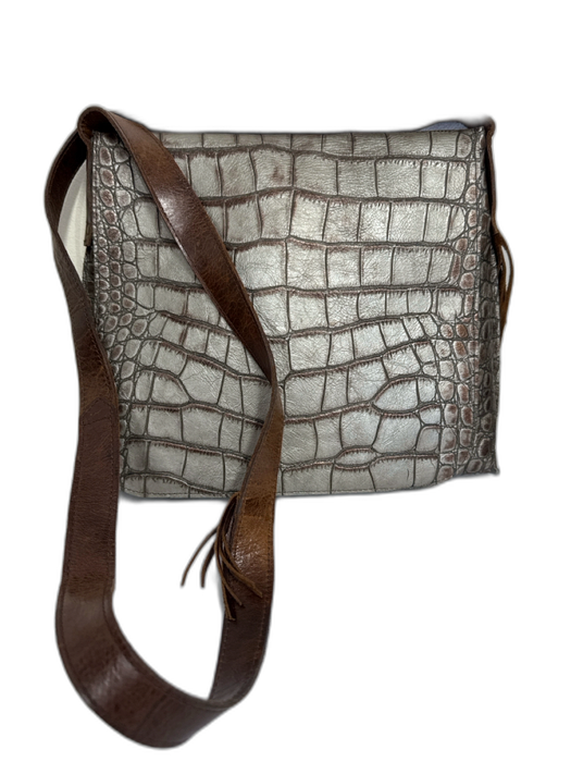 B.May Gray & Brown Leather Croc Embossed flap over Tassel Detail Crossbody Bag Gray & Brown / Medium