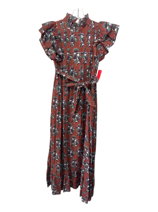 Victoria Dunn Size XS Rust Brown, Blue & Mix Cotton Sleeveless Floral Maxi Dress Rust Brown, Blue & Mix / XS