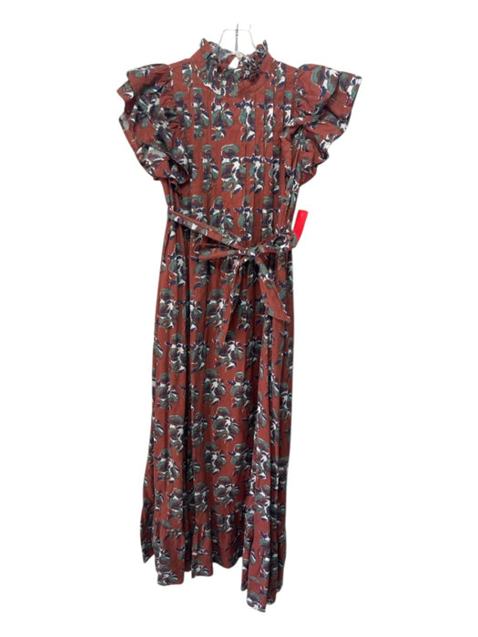 Victoria Dunn Size XS Rust Brown, Blue & Mix Cotton Sleeveless Floral Maxi Dress Rust Brown, Blue & Mix / XS
