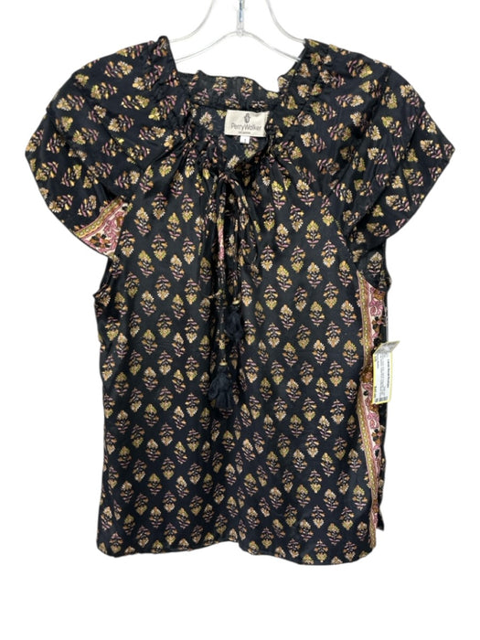 Perry Walker Size 1/S Black, Gold, Pink Silk & Polyester Ruffle Cap Sleeve Top Black, Gold, Pink / 1/S