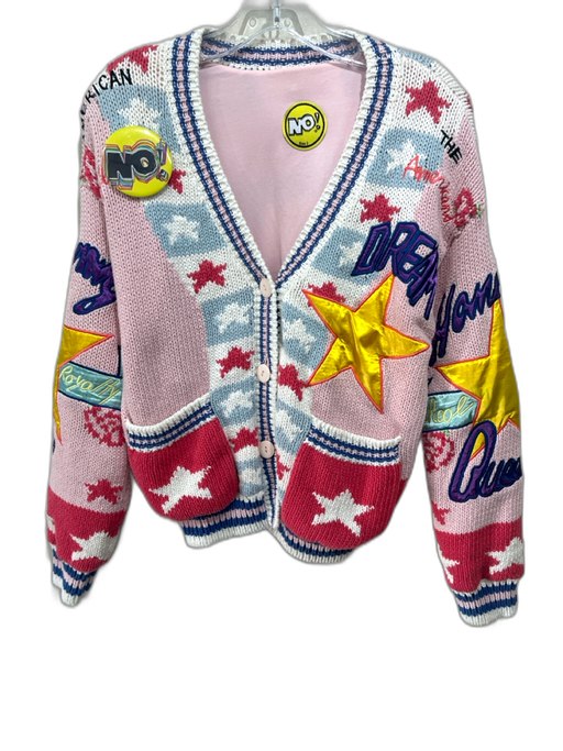 No! Size 2 Pink, Blue, Multi Ramie & Cotton Knit Patches Buttons Cardigan Pink, Blue, Multi / 2