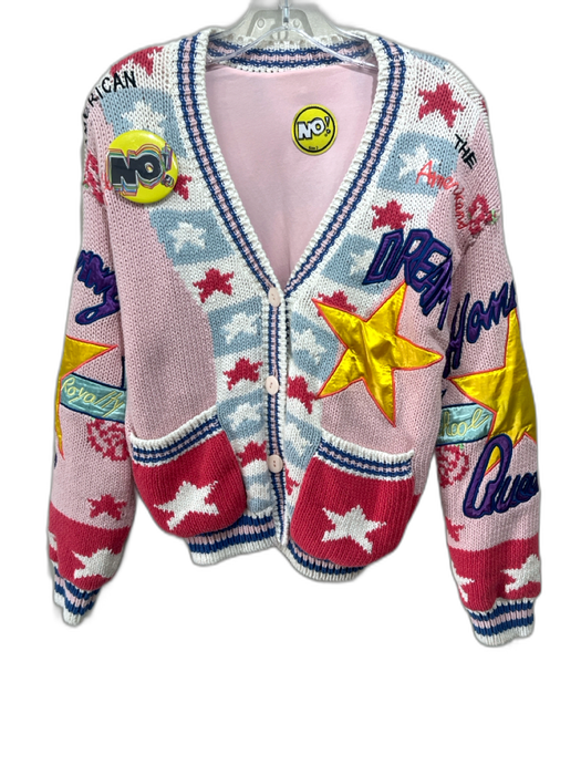 No! Size 2 Pink, Blue, Multi Ramie & Cotton Knit Patches Buttons Cardigan Pink, Blue, Multi / 2