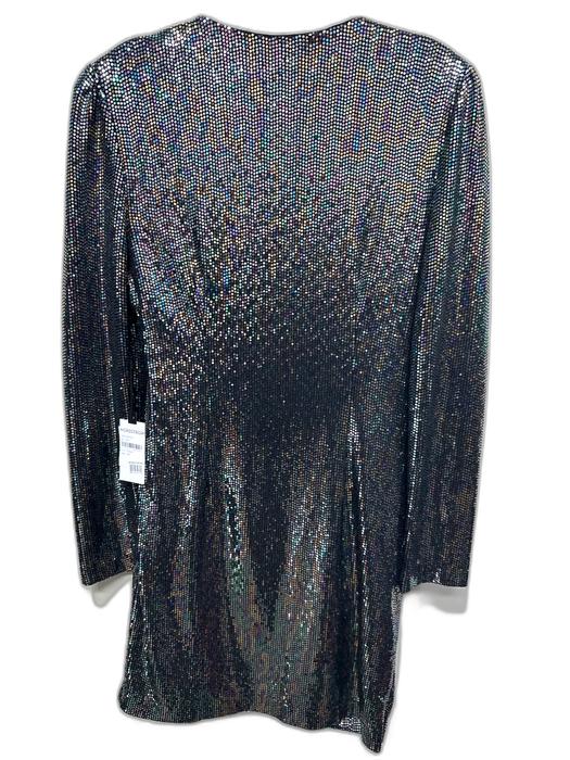 ASTR Size M Silver & Iridescent Nylon Circle Print Rouched Button Up Dress Silver & Iridescent / M