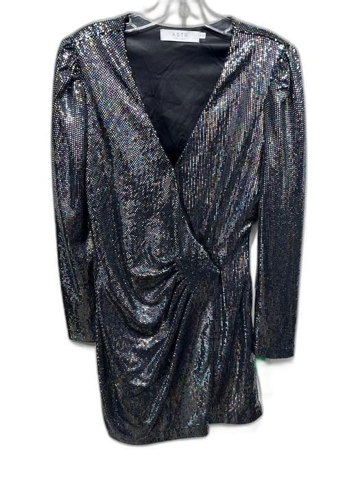 ASTR Size M Silver & Iridescent Nylon Circle Print Rouched Button Up Dress Silver & Iridescent / M