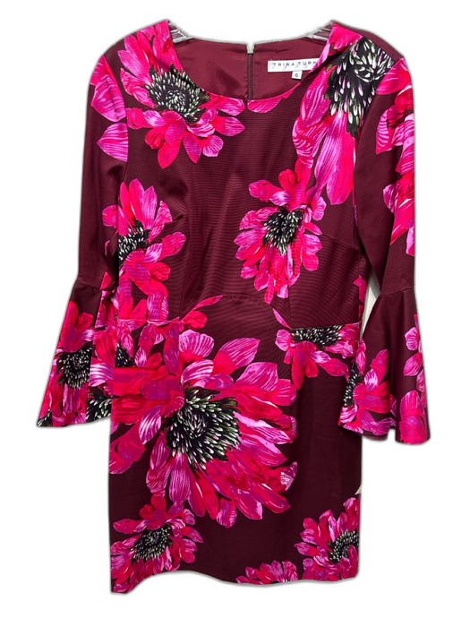Trina Turk Size 8 Burgundy, Pink & Black Rayon Blend Long Flare Sleeve Dress Burgundy, Pink & Black / 8